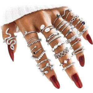Silver Boho Sparkle Knuckle Rings Set For Women, Vintage Aesthetic Trendy